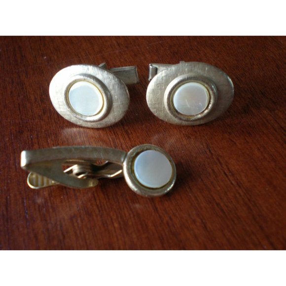 Unbranded Other - Vintage Set 1950's Abalone Mother of Pearl Goldtone Cufflinks + Tie Clip